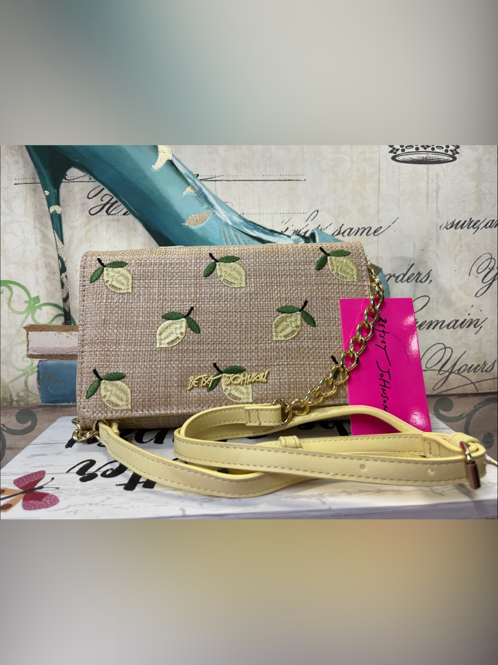 Betsey Johnson Yellow Lemon Embroidered Straw Crossbody